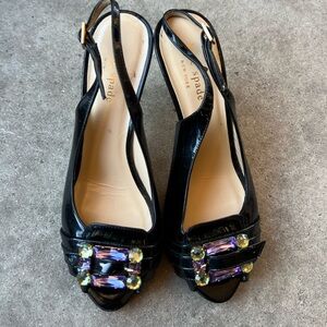 Kate Spade Women’s Sz 7 Heels Shoes Black Green Purple Crystal Stones Italy